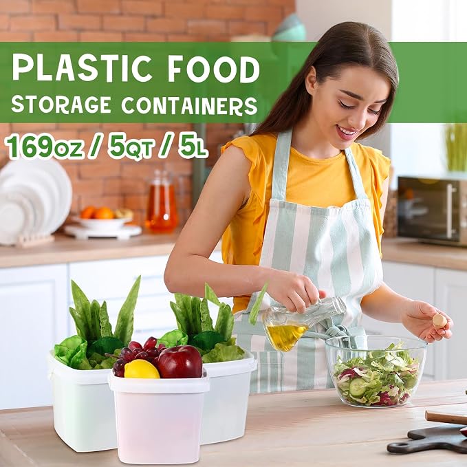 24 Pack5 Qt/169 Oz/5 L Thicken Plastic Buckets with Lids & Handles, Ice Cream Container, Food Grade, Freezer Safe, Sealable Square Reusable Storage Bucket, All Purpose Pails for Soup Fruit Deli - Image 6