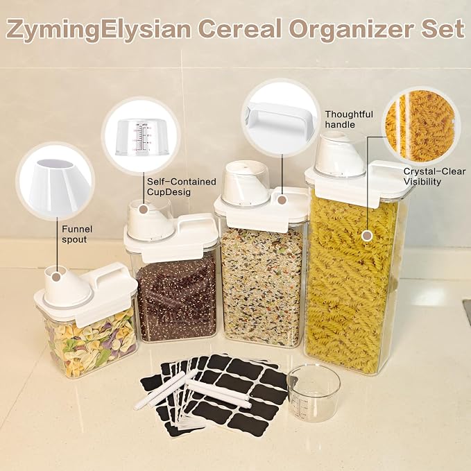 Air Tight Cereal Container Organizer Set of 6 - 1800ML & 2300ML Total 417oz, Dry Food Storage for Pet Food, Rice, Oatmeal with Pour Spout Lid and Plastic Small Measuring Cup for Flour and Sugar - Image 6