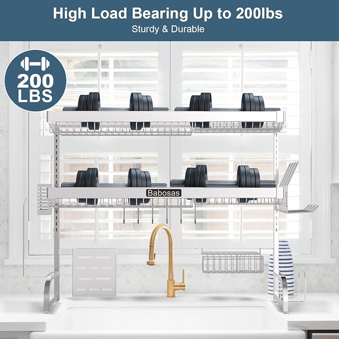 Over The Sink Dish Drying Rack,3 Tier Adjustable Length (25.5'' to 37.4'') Full Stainless Steel Large Storage Kitchen Dish Rack,For Kitchen Counter Expandable Multifunctional Organizers,Silver - Image 8