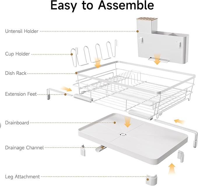 Runnatal Large Dish Drying Rack, Extendable Dish Rack Over Sink | Stainless Steel Dish Strainer with Drainboard, Utensil Holder & Cup Holder for Kitchen Counter, White - Image 7