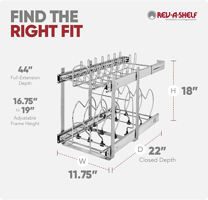 Rev-A-Shelf Dual Kitchen Cabinet Pullout Organizer, Min Open Width of 11.5" | 2-Tier U-Shaped Cookware Storage Rack for Pots, Pans, and Lid Cookware, Adjustable Heavy Duty Wire, Chrome, 5CW2-1222-CR - Image 10