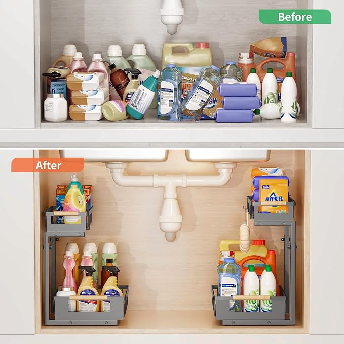 Under Sink Organizer, 2-Tier Slide Out Under Cabinet Storage for Kitchen/Bathroom, Adjustable Double Layer Under Sink Drawers, Space Saving Inder Sink Organizer for Cleaning Supplies(Black,2 Packs) - Image 7