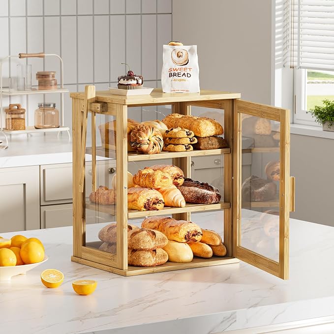 WOWLIVE Bread Box for Kitchen Countertop, 3 Layers Bread Storage Container | Large Bamboo Bread Bin for Homemade Bread with Window, Farmhouse Breadbox Organizer for Kitchen, Cabinet, Natural, Meduim - Image 8