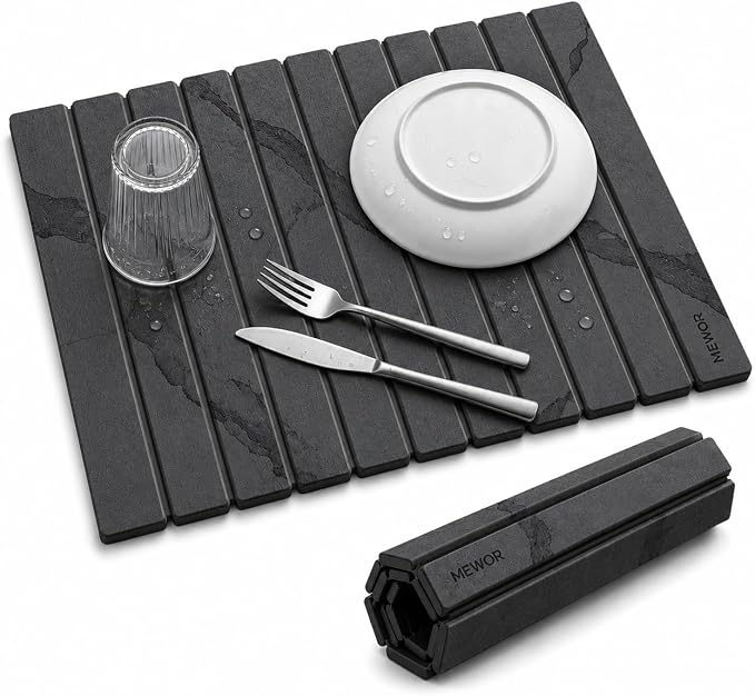 Stone Drying Mat for Kitchen Counter, 24"(L)×16"(W), Collapsible Quick Dry Stone Dishes Mats, Absorbent Diatomaceous Earth Mats for Kitchen, Bathroom (Gary Marble) by Unknown