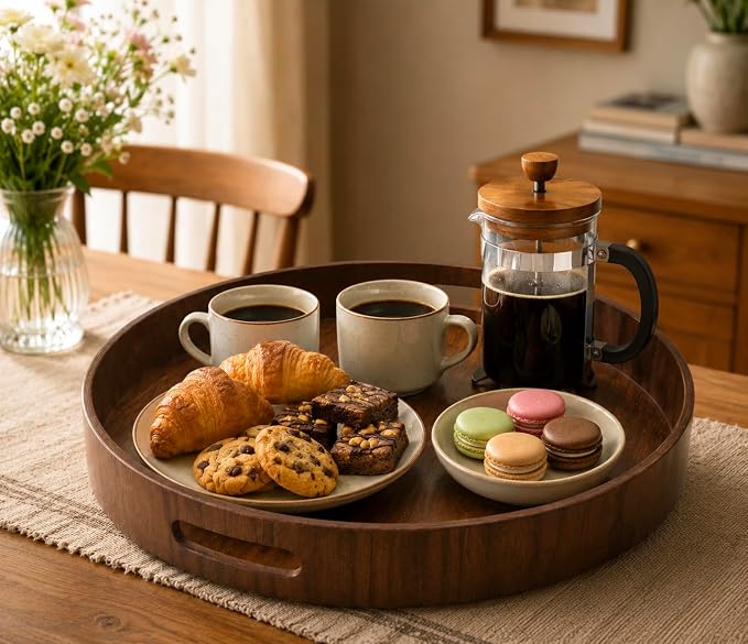 i-lan Wooden Lazy Susan Turntable-16inch Rotating Tray with Dual Handles & Silent Bearing for Kitchen Cabinet, Dining Table & Cake Decorating Organizer (Walnut Wood) - Image 7