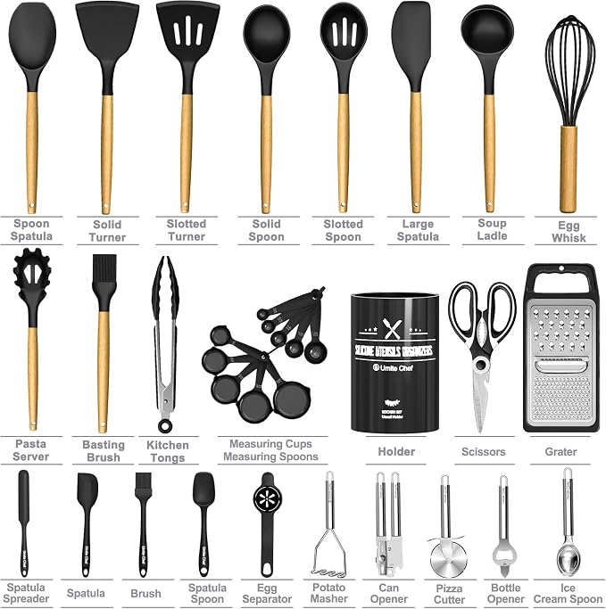 Kitchen Utensils Set- 34PCS Silicone Cooking Utensil with Holder, Umite Chef Heat Resistant Kitchen Spatula Set for Nonstick Cookware, Black Wooden Handles Kitchen Gadgets Tools Set - Image 6
