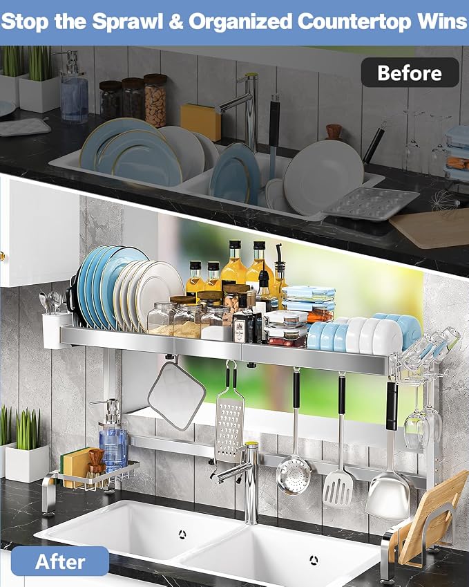 2 Tier Extra Large Over The Sink Dish Drying Rack, Expandable Stainless Steel Dish Drainer with Multifunctional Organizer, Space-Saving Above Sink Dish Rack with Large Capacity for Kitchen Counter - Image 7