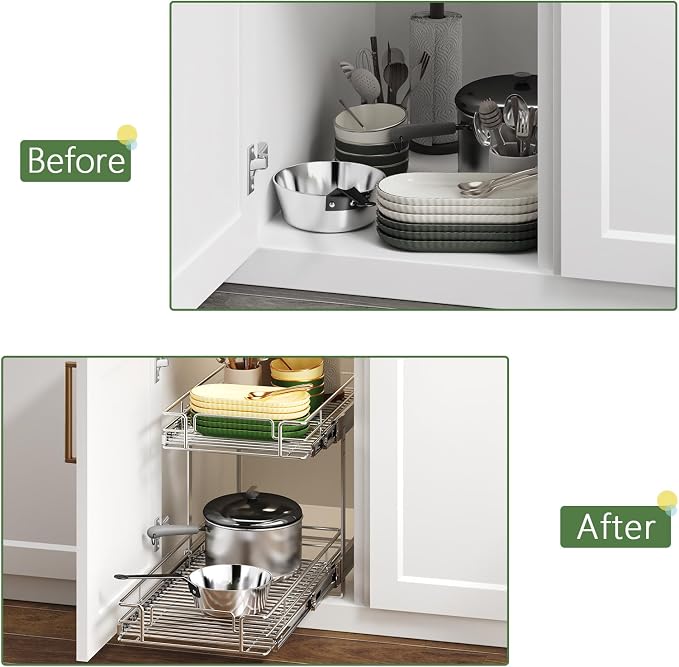 2 Tier Individual Pull Out Cabinet Organizer 11½" W x 21½" D, Heavy Duty Cabinet Pull Out Shelves, Slide Out Drawers Organization for Kitchen Cabinets Bathroom - Image 8