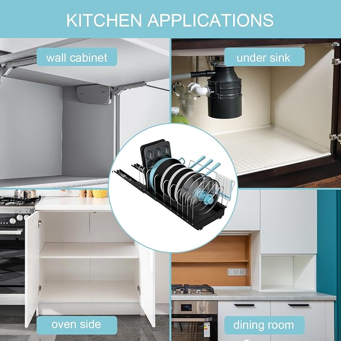 Pots and Pans Organizer Under Cabinet - 22" Deep Expandable | Pot Organizers inside Cabinet with 10 Adjustable Dividers & Handrail, No Drill Pot Lid Holder, Sliding Pot Lid Holder, 1 Pack - Image 9