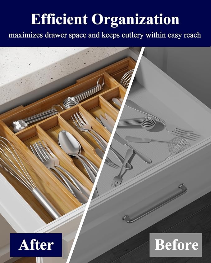 Kitsure Silverware Organizer - Expandable Bamboo Kitchen Drawer Organizer for Cooking Utensils and Cutlery, Sturdy & Thickened Kitchen Organizers and Storage Solution, 19.6"×15.5"×1.8" - Image 5