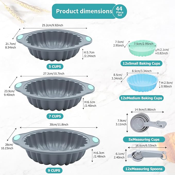 44 Pieces Silicone Round Cake Pans Set, 3 Sizes Silicone Fluted Cake Pan Set with Reusable Baking Cups, Food Grade Baking Molds for Brownie, Bread, Muffin, Light Grey - Image 6