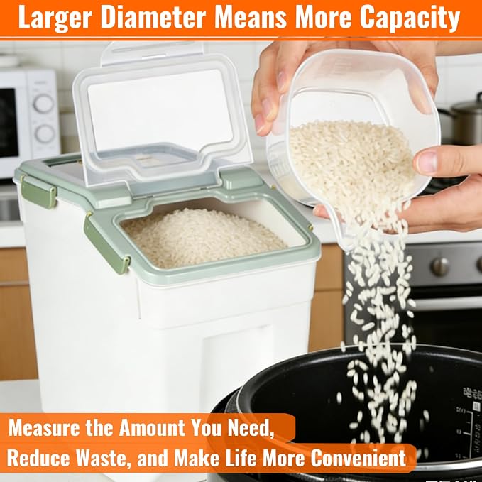 4 Pack Rice Container 25 lbs Large Bulk Flour Sugar Storage Holdhouse Plastic Grain Cereal Dry Goods Bin with Spoon and Measuring Cup for Kitchen Pantry Organization - Green - Image 7
