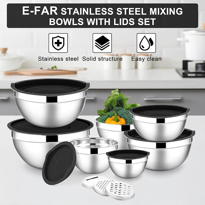 E-far Mixing Bowls with Lids Set, 7-Piece Stainless Steel Metal Mixing Bowls with 3 Grater Attachments, Size 4.6, 3.5, 2.6, 2, 1.5, 1, 0.7QT, Nesting Design & Black Airtight Lids, For Baking/Cooking - Image 7