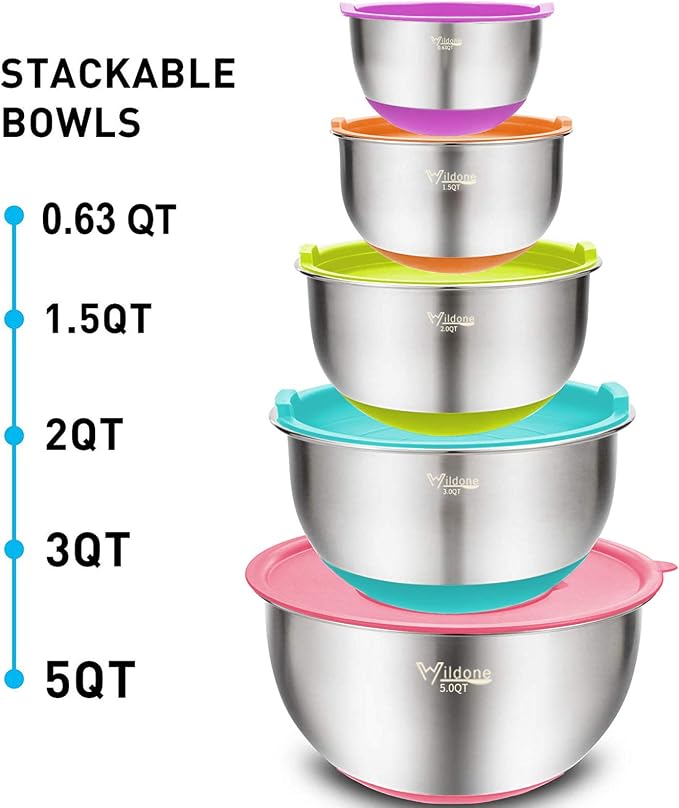 Wildone Mixing Bowls with Airtight Lids Set, 5PCS Stainless Steel Nesting Bowls for Kitchen, with Grater Attachments & Non-Slip Bottoms, Size 5, 3, 2, 1.5, 0.63 QT, for Baking & Serving (Colorful) - Image 7