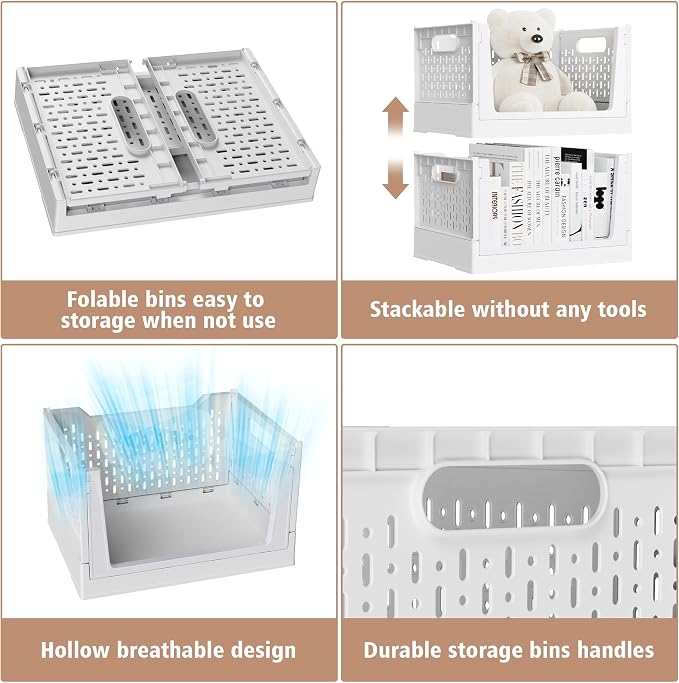Stackable Storage Bins, Folding Collapsible Closet Organizers and Storage Bins Box, Plastic Shelves Drawer Organizer Container for Closet Office Bedroom Kitchen Bathroom with Wheels, White, 3 Pack - Image 8
