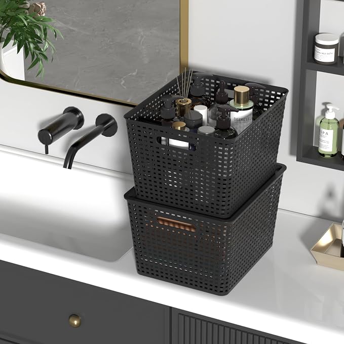 Plastic Organizing Basket with Lid, Woven Storage Basket Set of 6 | Black, Stackable - Image 7