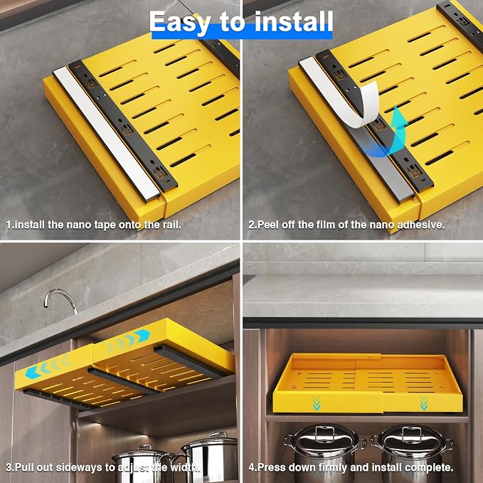 Mustorn 2 Pack Pull Out Cabinet Organizer, Expandable Slide Out Drawers for Kitchen Cabinets Peel and Stick Pullout Drawer Heavy Duty Sliding Shelves for Cupboard, Pantry, Bathroom(16.5" Deep, Yellow) - Image 8