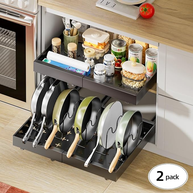 Delamu 16" Deep Pull Out Cabinet Organizer with 6 Dividers, Expandable (11.7 "-20" W) Pull Out Drawers for Cabinets, Cabinet Trays Pull Out for Cabinets in Kitchen, Pantry or Bathroom, Black, 2 Pack - Image 9