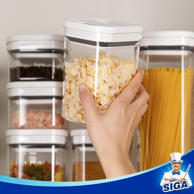 MR.SIGA 8 Piece Airtight Food Storage Container Set for Pantry Organization | BPA Free, stackable, one-handed kitchen storage containers for cereals, spaghetti, pasta, white - Image 6