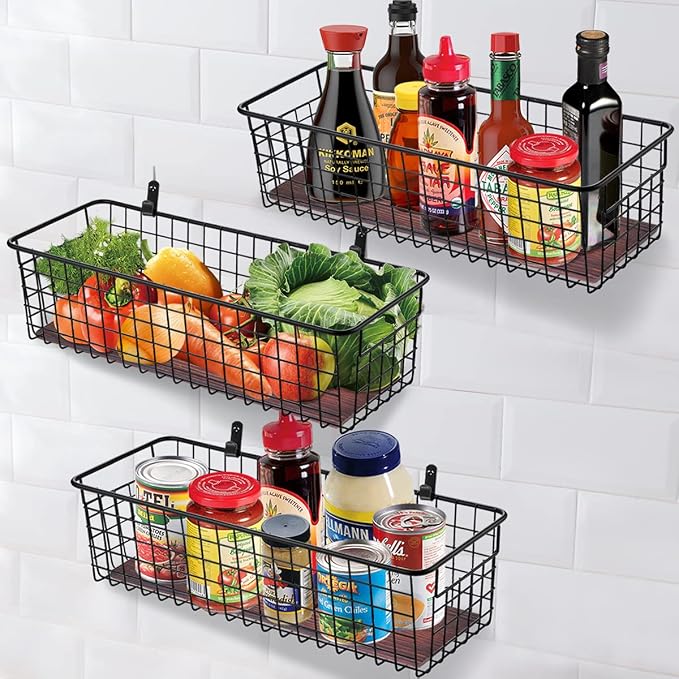 SheeChung [Extra Large Wall Storage Basket, Metal Hanging Basket, Black | Wooden Base & Handle, Portable Wire Farmhouse Food Organizer for Home Kitchen Bathroom Pantry Laundry Closet Garage RV,4 Pack - Image 7