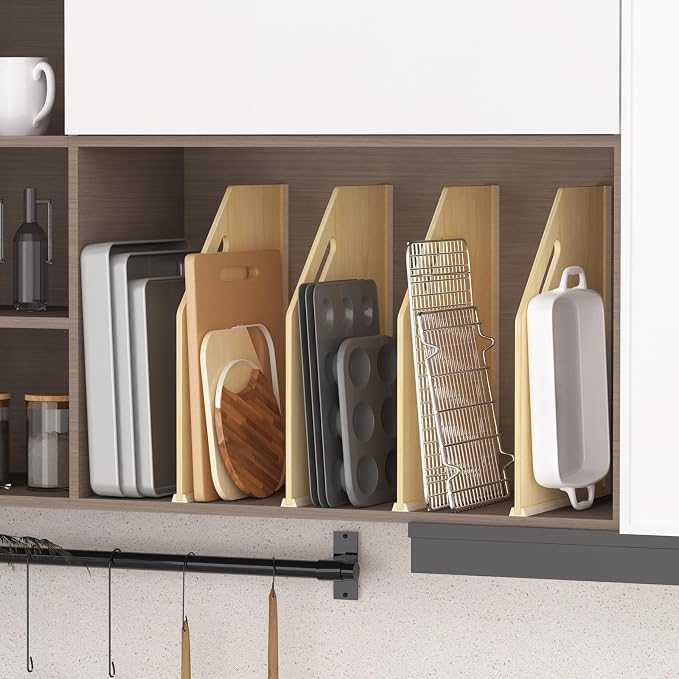 4 Pack Wood Tray Dividers for Cabinet, Cookie Sheet Organizer for Cabinet | No cutting required, Premium Wood, 2 Assembly Methods, Kitchen Cabinet Dividers for Storing pans, Baking tray, Cutting Board - Image 8
