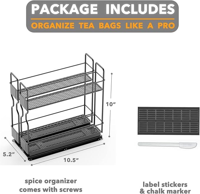 SpaceAid Pull Out Spice Rack Organizer for Cabinet, Heavy Duty Slide Out Seasoning Kitchen Organizer, Cabinet Organizer, with Labels, 5.2" W x10.75 D x10 H, 2 Drawers 2-Tier - Image 7