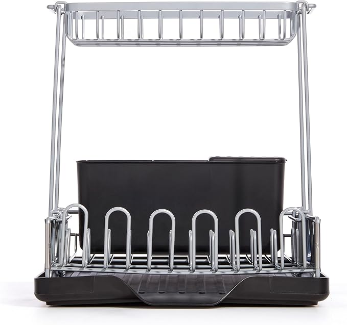 Sabatier Compact 2-Tier Dish Drying Rack with Flatware Caddy and Knife Insert - Stainless Steel Dish Rack for Kitchen Counter, Space-Saving Drainer with Drainboard Spout - Image 8