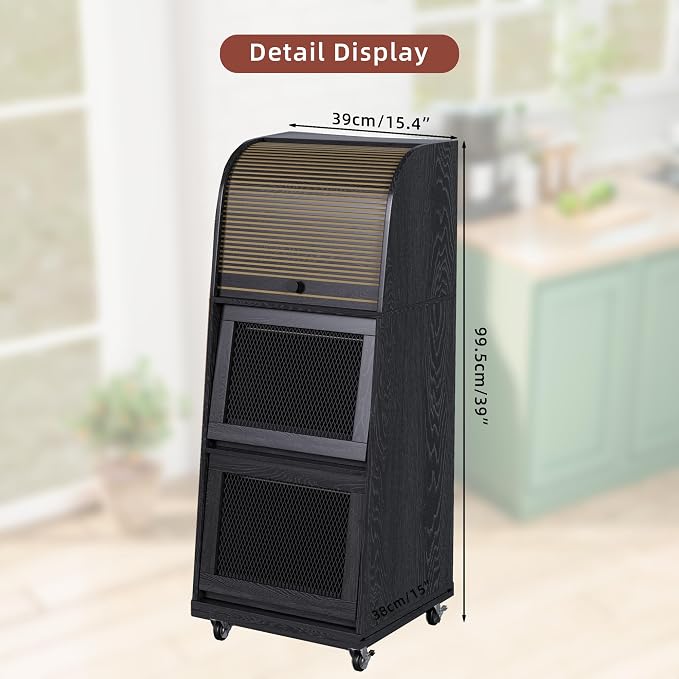 Movable Potato Storage Bins, Fruit Vegetable Basket, Kitchen Pantry Cabinet | Potato and Onion Storage Bin, for Bread, Mid Century Modern, Wooden, with Sliding Door and Wheels, Flip top, 3 Tier, Black - Image 9