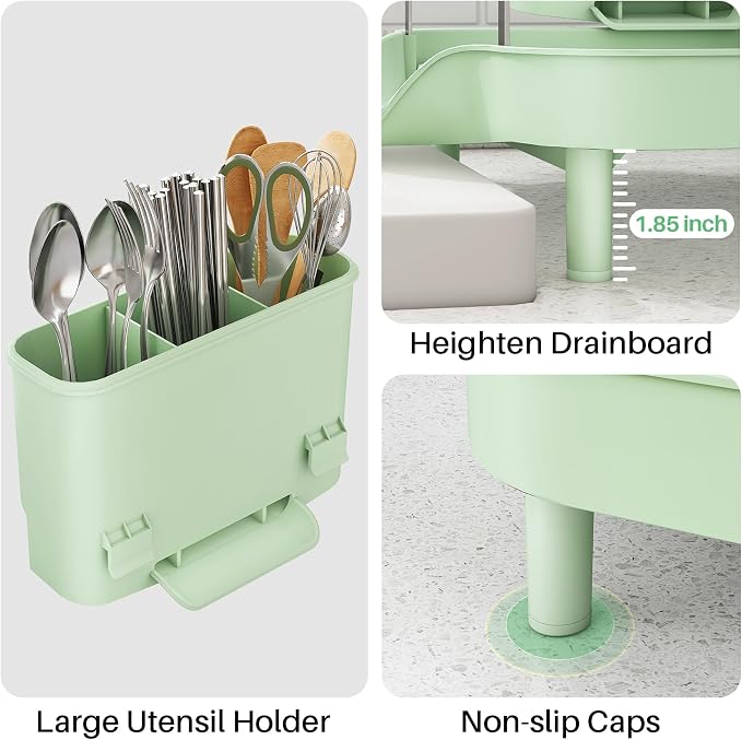 SAYZH Expandable Dish Drying Rack for Small Kitchen Counter, Green | Stainless Steel, Protective Guardrail, Angled Drainboard, Fits High-Rim Sinks, Removable Utensil Holder - Image 8
