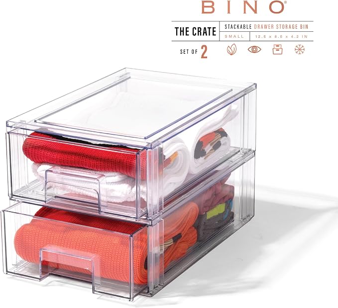 BINO | Stackable Storage Drawers, Small - 2 Pack, Clear | THE CRATE COLLECTION | Storage Bins With Drawers | Bathroom Organizers | Under Sink Organizer | Vanity Cabinet Home Organization - Image 3
