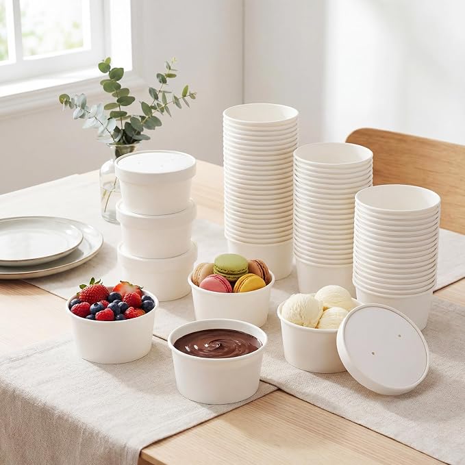 Fulmoon 100 Pack Paper Soup Containers with Lids Disposable Paper Food Containers with Vented Lid Kraft Ice Cream Cake Dessert Cups Soup Bowl for Party Hot Food Fruit Microwave(15 oz,White) - Image 7
