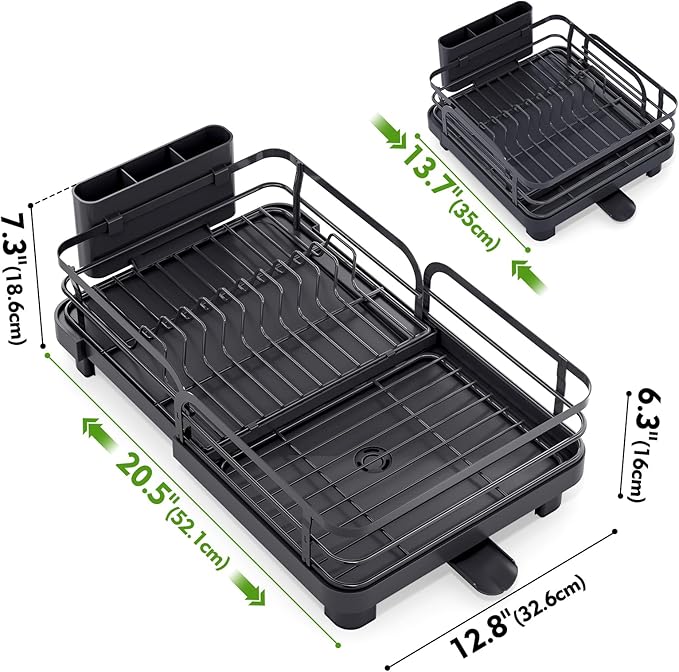 TOOLF Expandable Dish Drying Rack for Kitchen Counter, Black | Stainless Steel Dish Drainer with Drainboard Set & Cutlery Holder, Extendable 13.7“-20.5”L, Rust-Proof, Fits for 1-3 People - Image 9