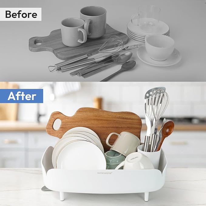 Split-Design Small Dish Drying Rack 9.5'' × 15.9'' × 4.9'' - White | Space-Saving Dish Drainer for Small Kitchen Countertops, Ideal for 1–2 Person Households or as a Secondary Rack - Image 9