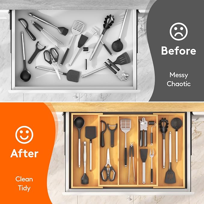 Lifewit Utensil Organizer for Kitchen Drawer, Expandable Cooking Utensil Tray, Cutlery Silverware Flatware Holder, Wood Adjustable Spatula Tools Storage Divider, 15.6-28 x 18.5, Natural - Image 9