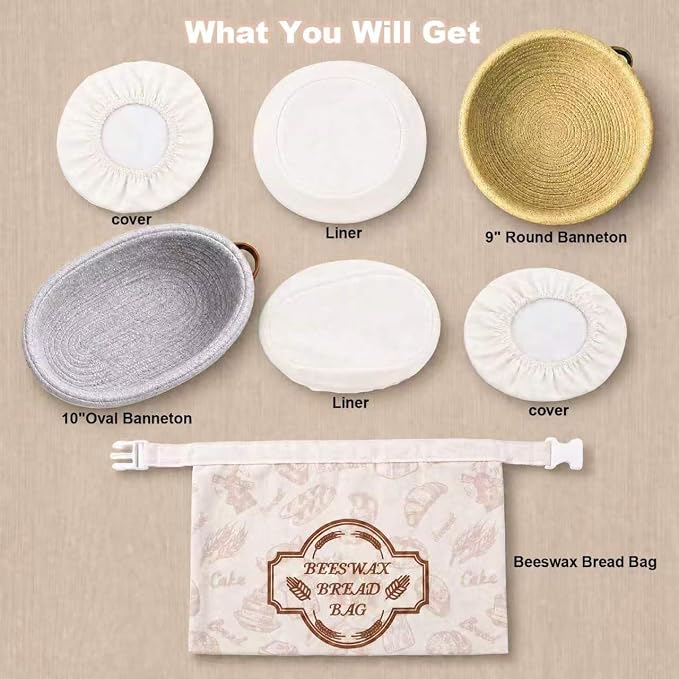 Cotton Rope Banneton Bread Proofing Basket with Beeswax Bag Set | 9''Round & 10''Oval, Washable Liners & Covers, for Artisan Bread Baking, for Sourdough Proofing, for Baking Gifts - Image 9