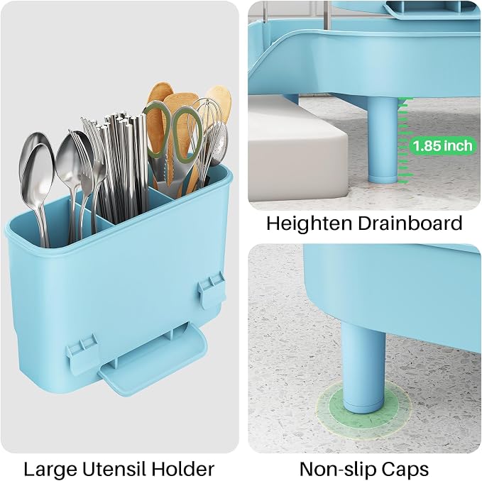 SAYZH Expandable Dish Drying Rack for Small Kitchen Counter, Blue | Stainless Steel, Protective Guardrail, Angled Drainboard, Fits High-Rim Sinks, Removable Utensil Holder - Image 8