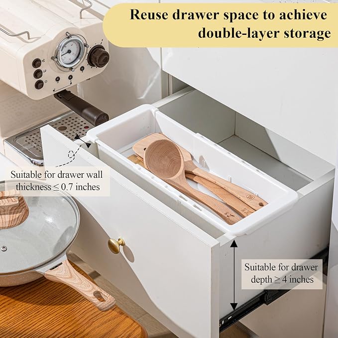 2 Pcs Expandable Drawer Organizer Bins Adjustable Deep Drawer Hanging Organizer Tray Expandable 11.4 to 18.1 Inches Plastic Dividers Storage for Office Bathroom Bedroom Kitchen Desk, White - Image 8