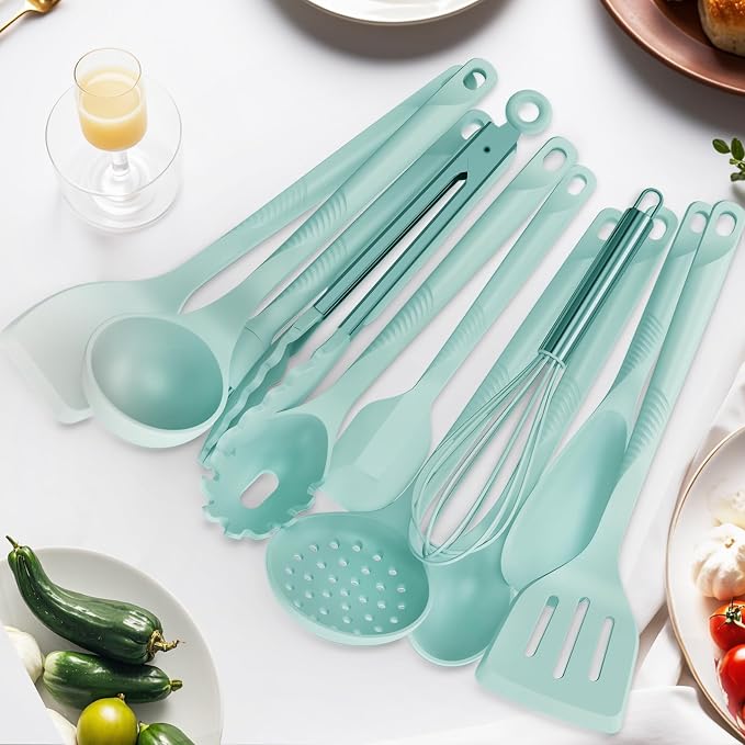 Silicone Cooking Utensils Set - 600°F Heat Resistant, Nonstick Kitchen Utensil Set with Spatulas, Spoons, Whisk, Tongs, BPA Free, Dishwasher Safe (Teal) - Image 5