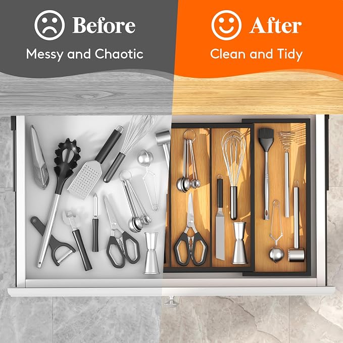 Lifewit Utensil Organizer for Kitchen Drawer, Expandable Cooking Utensil Tray, Cutlery Silverware Flatware Holder, Wood Adjustable Spatula Tools Storage Divider, 33 -56x38cm, Natural and Black - Image 7