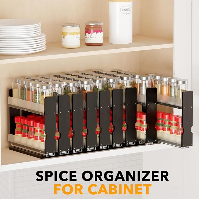 SpaceAid Bamboo Pull Out Spice Rack Organizer for Cabinet, Heavy Duty Slide Out Seasoning Kitchen Pantry Sliding Vertical Organization, 7.6" Wide, 3 Drawers(2" Wide), 2-Tier, Black - Image 6