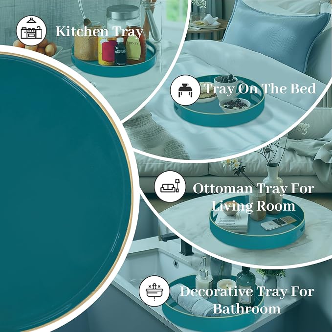 13" Teal Decorative Tray, Plastic Round Serving Tray with Handles | Green Decorative Tray for Coffee Table, Modern Ottoman Tray, Circle Tea Tray, Round Melamine Tray for Living Room, Bathroom - Image 7