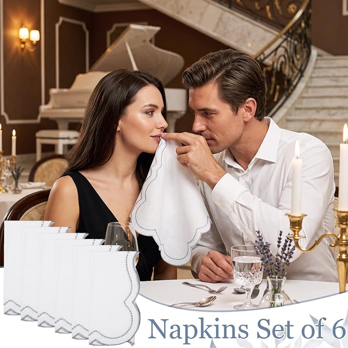 Hahafelt Cloth Napkins 18x18inches Scalloped Embroidery Cloth Napkins Washable Polyester Table Dinner for Hotel Restaurant Weddings Events Parties (Sliver,6 Set) - Image 7