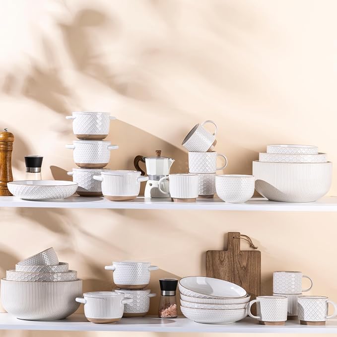 GBhome Ceramic Mixing Bowls Set of 4, Stoneware Nesting Serving Bowls | 150/105/45/20 oz For Prep, Baking, Serving, Gift, Microwave and Dishwasher Safe, Embossed Dishware Collection-Off White - Image 9