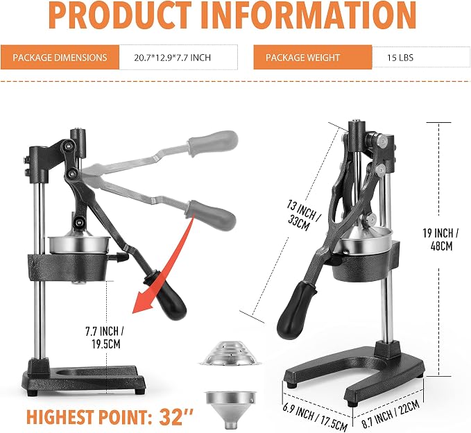 19 Inch Height Extra Tall Commercial Heavy Duty Cast Iron Hand Press Manual Orange Citrus Lemon Lime Grapefruit Pomegranate Fruit Juice Squeezer Machine with Stainless Steel Cup Black - Image 7