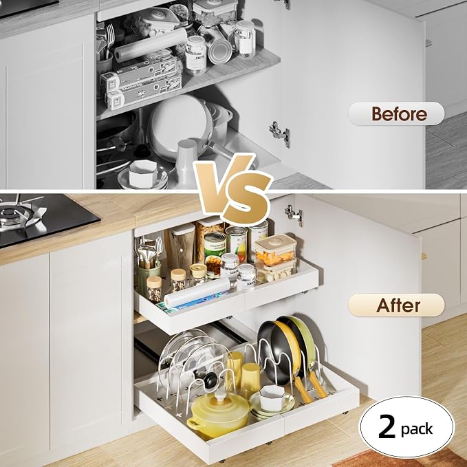 Delamu 16" Deep Pull Out Cabinet Organizer with 6 Dividers, Expandable (11.7 "-20" W) Pull Out Drawers for Cabinets, Cabinet Trays Pull Out for Cabinets in Kitchen, Pantry or Bathroom, White, 2 Pack - Image 9