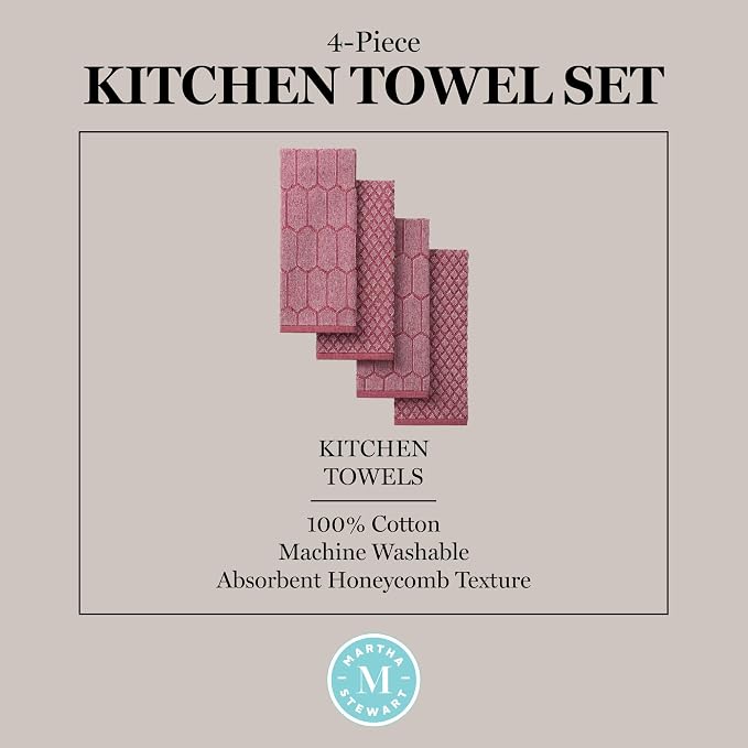 Martha Stewart Honeycomb Chambray Textured Kitchen Towel 4-Pack Set, 100% Cotton with Absorbent Terrycloth, Decorative Kitchen Towels, Red, 16"x28" - Image 5