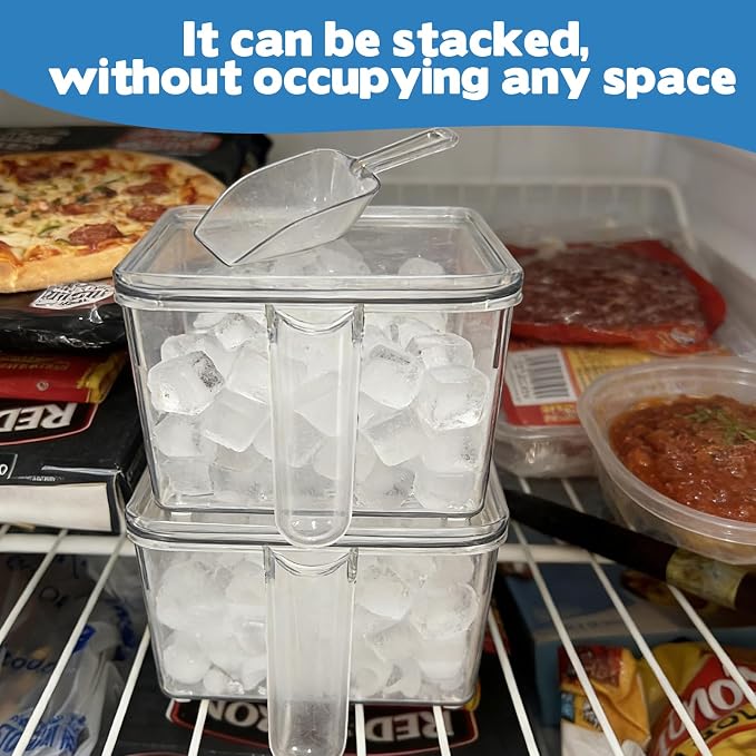 CIEOVO 2 Set Ice Bin for Freezer with Lid and 2 Scoop Set Plastic Freezer Ice Bin with Pull-Out Handle Clear Storage Bucket Kitchen Food Storage Organizer for Home Office Fridge Kitchen - Image 7