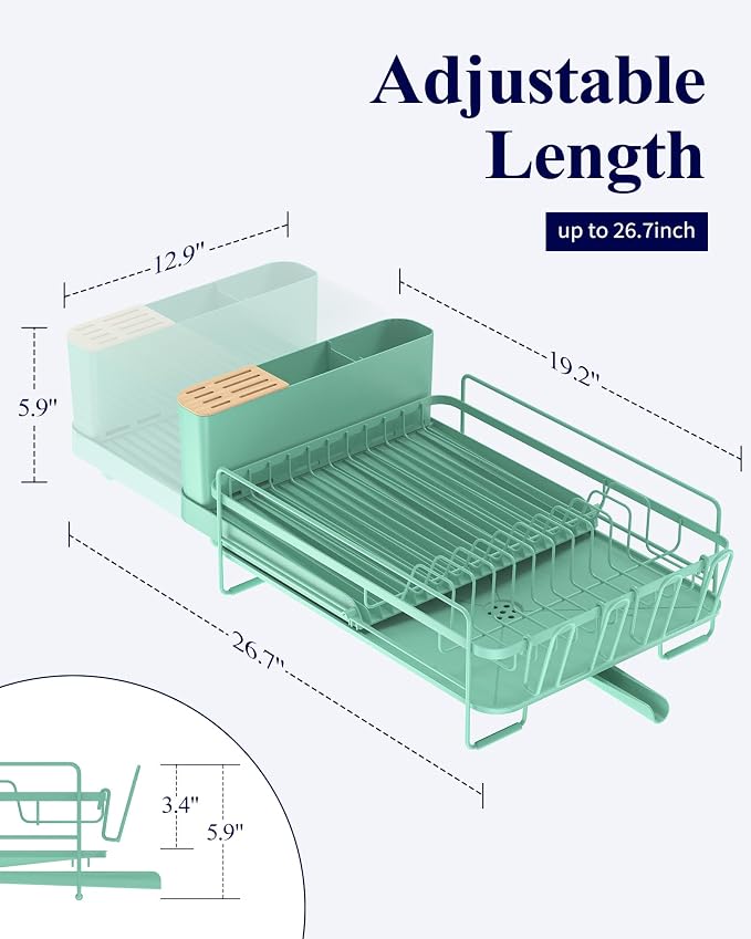 Kitsure Extendable Dish Drying Rack, 19.2"-26.7" L x 12.9" W, Green | Large Dish Rack, Multifunctional Dish Rack for Kitchen Counter, Anti-Rust Dish Drainers with Cutlery & Cup Holders - Image 2