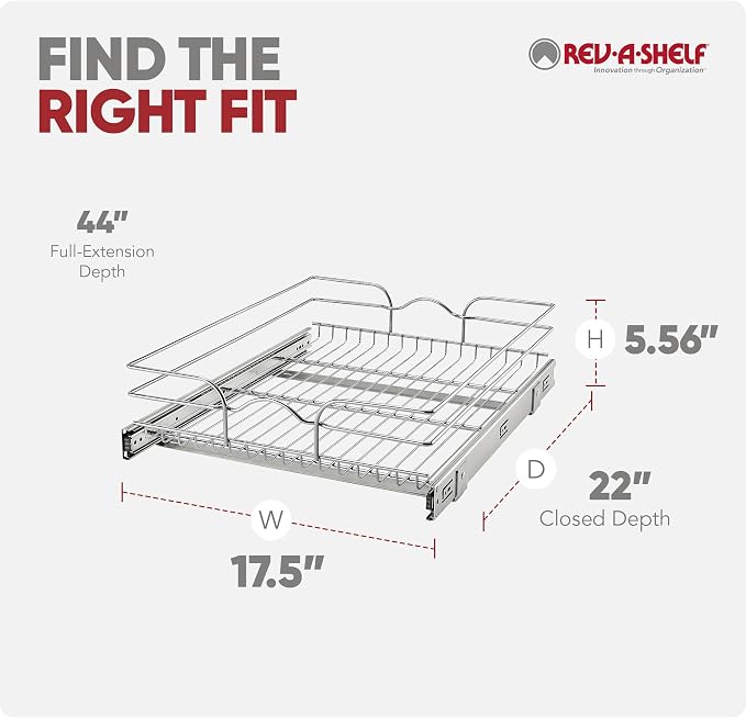 Rev-A-Shelf Steel Wire Pullout Drawer Organizer Shelf for Kitchen Cabinets, Slide Out Storage Basket, Min Opening Width of 17.5", 18" x 22", 5WB1-1822CR-1 - Image 10