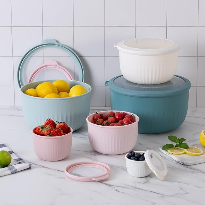 COOK WITH COLOR Prep Bowls with Lids- Wide and Deep Nesting Plastic Small Mixing Bowl Set with Lids, 12 Piece Set - Deep Bowls, Teal and Pink - Image 7